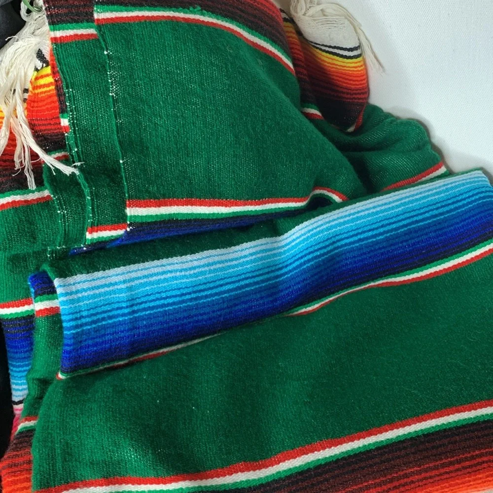 Vintage colorful cotton Mexican serape sarape salti fringed blanket - Picture 6 of 15